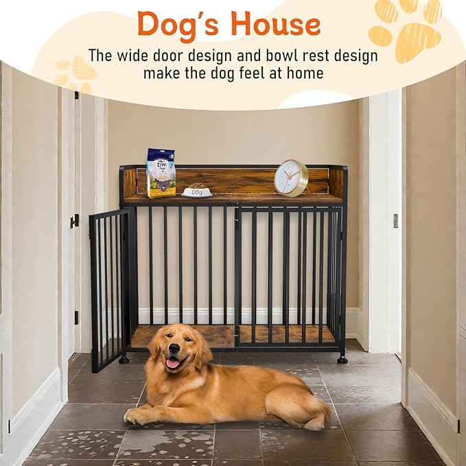 Dog Crate Furniture End Table with Table Guardrail, Heavy Duty Large Dogs Cage, 42 Inch Dog Kennel, Medium Large Dogs House Decorative Pet Crate Indoor-PawvioPets