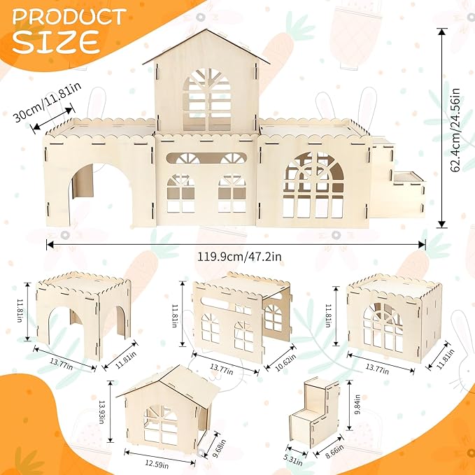 Extra Large Bunny Castle Hideout, Wooden Bunny House and Hideouts Detachable Rabbits Hideaway, Indoor Rabbit Castles Sturdy Small Animal Play Hideaway Hut for Rabbits, Guinea Pigs, Chinchillas-PawvioPets