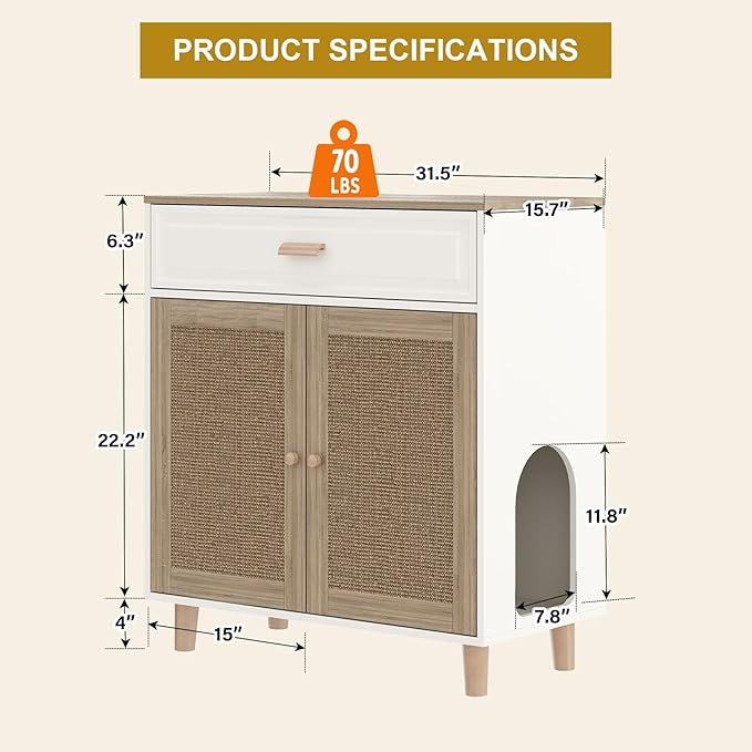 Cat Litter Box Enclosure Furniture Hidden Indoor 2-in-1 Wooden Cat House & Washroom Cabinet with Scratching Board Doors and Drawer, 31.5"x15.7"x34.6"H-PawvioPets