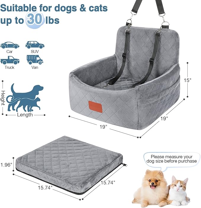 Dog Car Seat for Small Dogs Under 30lbs,Comfy & Safe Travel Bed with Washable Cover,2 Clip-On Safety Leashes and Pockets,Anti-Slip Base,Easy to Install(Grey)-PawvioPets