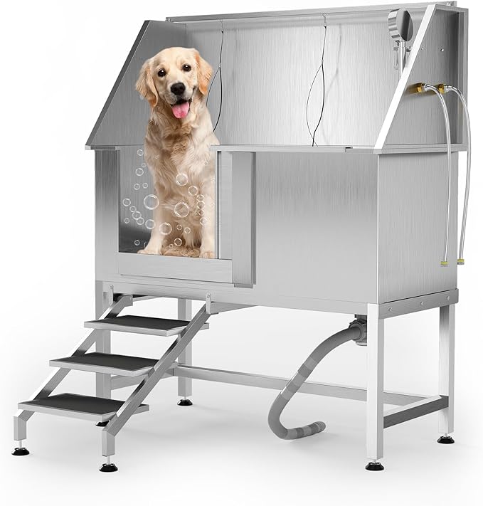 50" Stainless Steel Professional Dog Washing Station - Pet Bathing Tub w/Non-Slip Stairs | Slip-Resistant Floor Grate | for Large/Medium/Small Dogs-PawvioPets