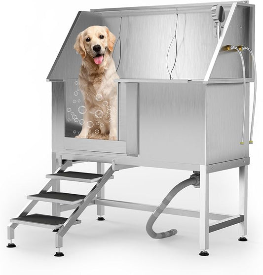 50" Stainless Steel Professional Dog Washing Station - Pet Bathing Tub w/Non-Slip Stairs | Slip-Resistant Floor Grate | for Large/Medium/Small Dogs-PawvioPets