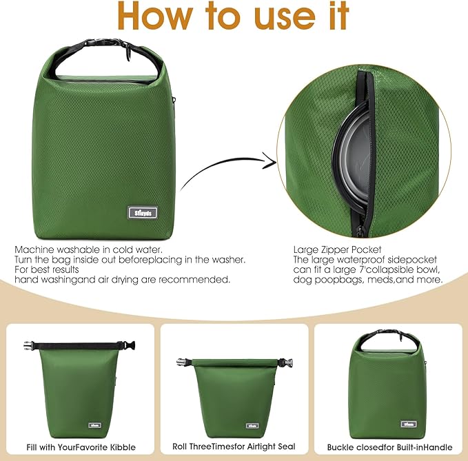 Dog Food Travel Bag,Pet Food Container 20 lb w/2PCS Collapsible Dog Travel Bowls and Zipper Side Pocket(Green, Large)-PawvioPets