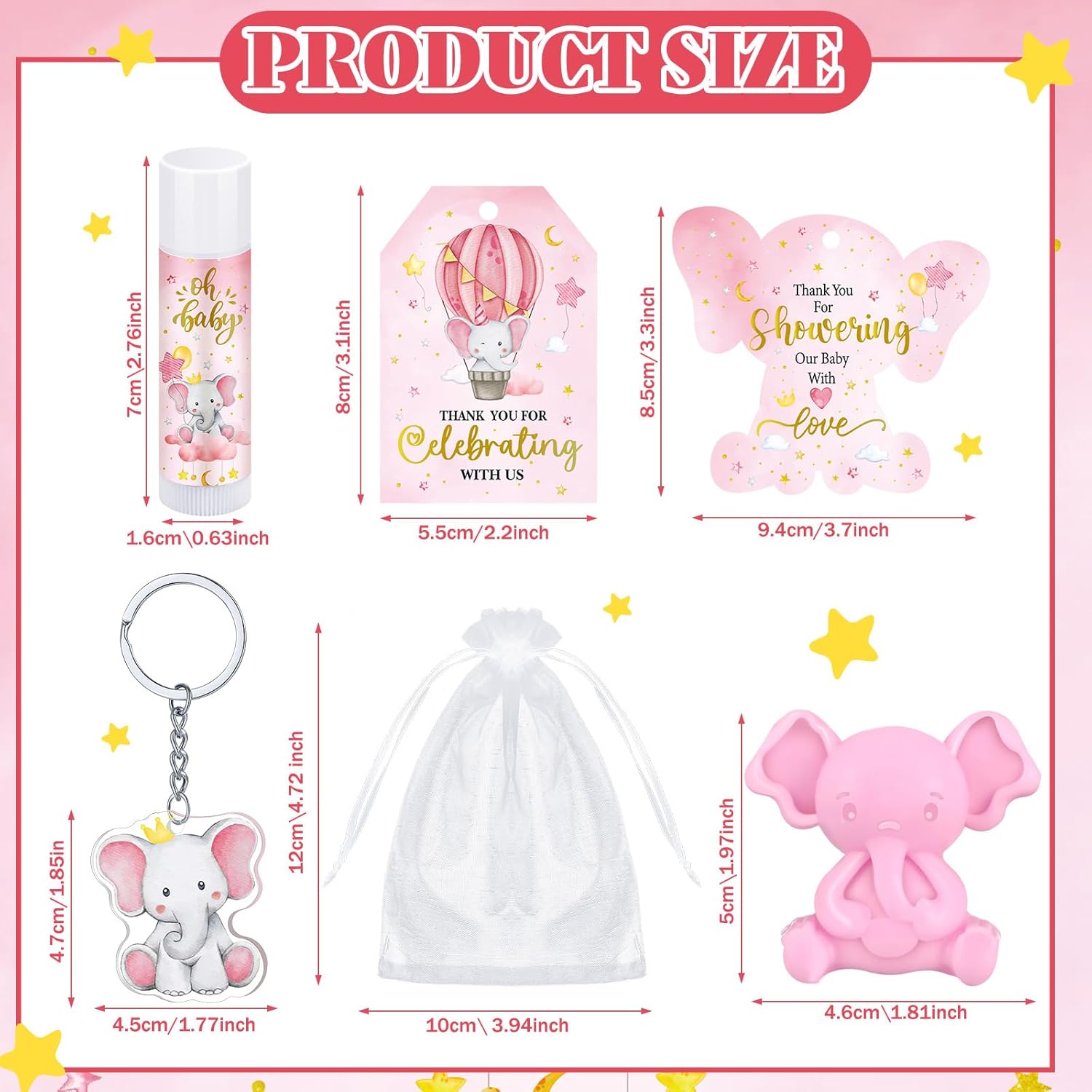 288 Baby Shower Favors Baby Shower Gifts Bulk Lip Balms Soaps Keychains Organza Bags Guest Appreciation Gift with Thank You Tags and Cards for Boys Girls Guest Gift(Pink,Elephant)