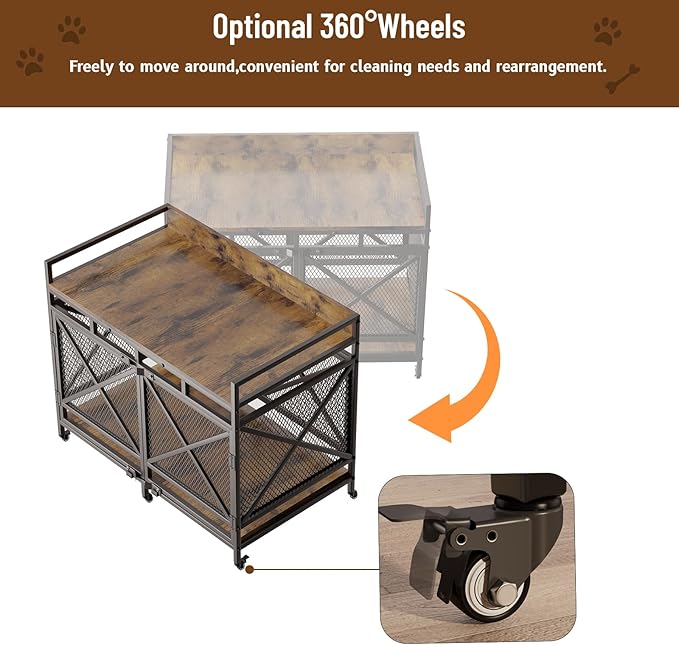 COZPAW Large Dog Crate Furniture, 48 Inch Wooden Dog Kennel for XLarge Dogs, Heavy Duty Dogs Furniture Indoor Wire Dog Cage with Caster Wheels, Decorative Pet House End Table, Brown-PawvioPets