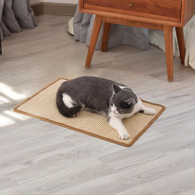 FUKUMARU Cat Scratcher Mat, 23.6 X 15.7 Inch Natural Sisal Cat Scratch Mats, Horizontal Cat Floor Scratching Pad Rug with Sticky Tapes, Protect Sofa and Carpet-PawvioPets