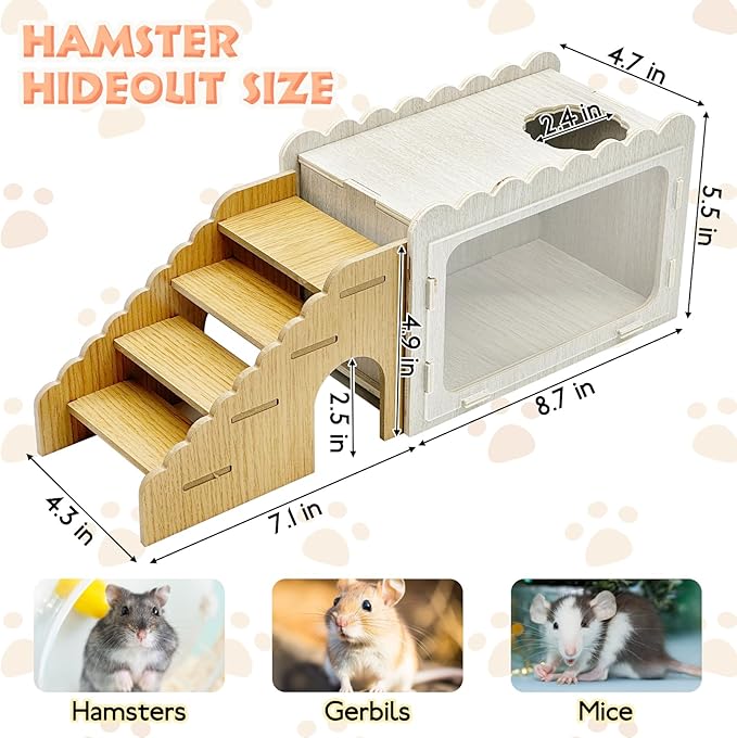 Fhiny Hamster Hideout Wooden Chamber with Climbing Ladder, Visible Hamster Digging Box with Acrylic Transparent Board Gerbil Platform Exploring House Habitat Decor for Dwarf Hamsters Gerbils Mice-PawvioPets