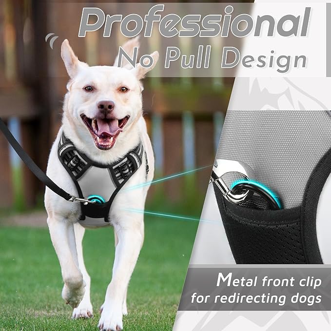 Eagloo Dog Harness Medium Sized Dog, No Pull Service Vest with Reflective Strips and Control Handle, Adjustable and Comfortable for Easy Walking, No Choke Pet Harness with 2 Metal Rings, Grey, M-PawvioPets