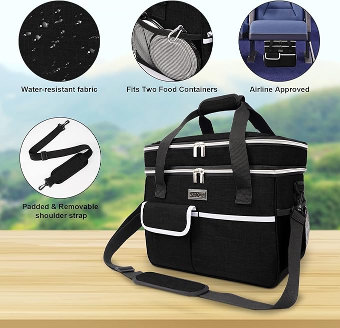 BAGLHER Dog Travel Bag for Supplies - Double-Layer Airline Approved Weekend Pet Travel Organizer Set for Dog and Cat Tote with 2 Pet Food Containers and 2 Collapsible Silicone Bowls Black-PawvioPets