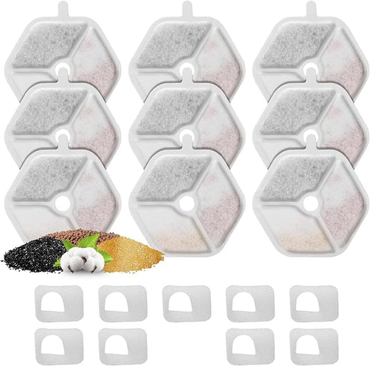 9 Packs Replacement Filters and Sponges for 152oz/4.5L Wireless Cat Water Fountain, ZEKIRY Cat Water Fountain Filters, 5-Layer Filtration System Pet Fountain Filters-PawvioPets