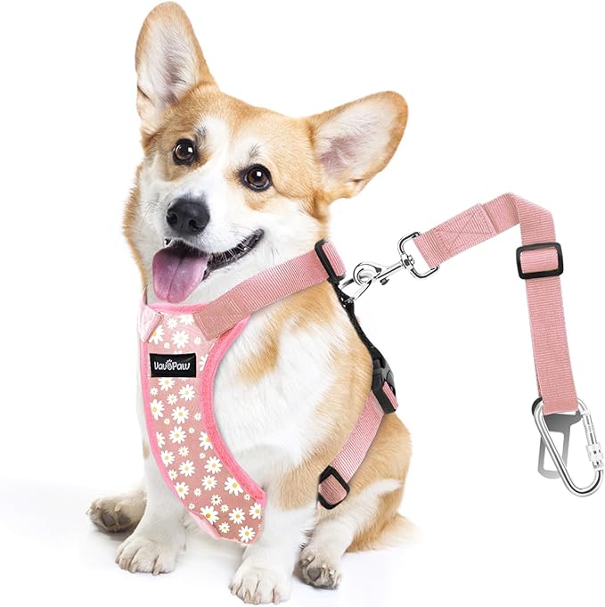 Dog Seat Belt, Safety Vest Dog Car Harness with Adjustable Buckle Dog Seat Belt for Vehicle Nylon Pet Safety Seat Belts Heavy Duty(M, Pink Daisy)-PawvioPets