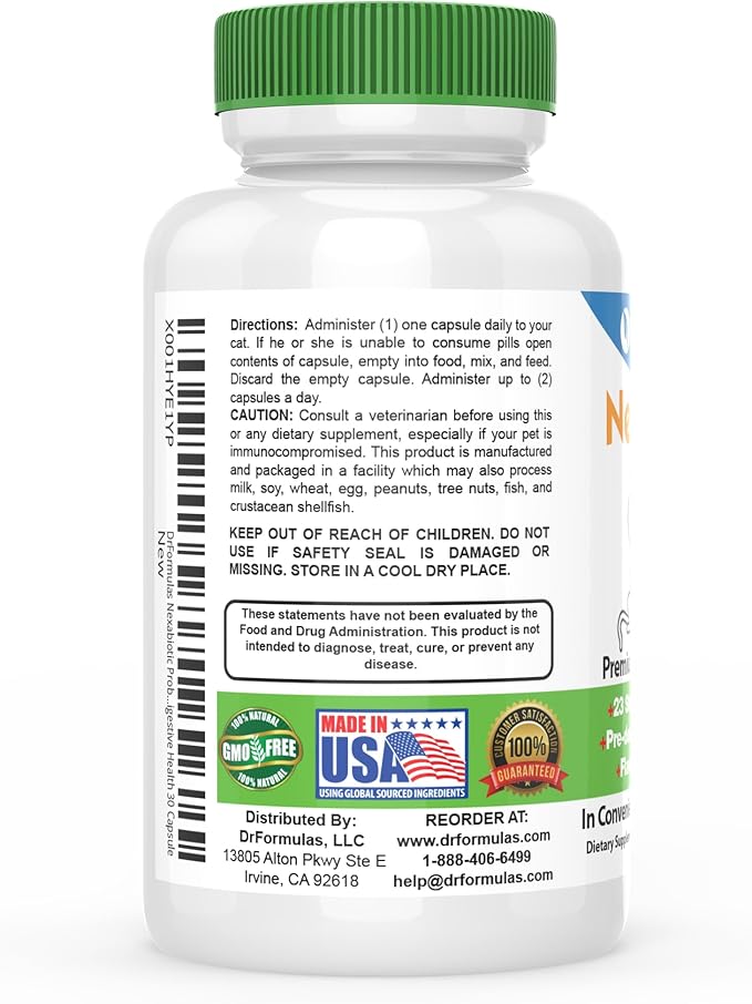 DrFormulas Nexabiotic Probiotics for Cats Powder | Treats Diarrhea for Pets with Saccharomyces Boulardii Lactobacillus Acidophilus, Best Probiotics Supplement for Digestive Health 30 Capsule-PawvioPets