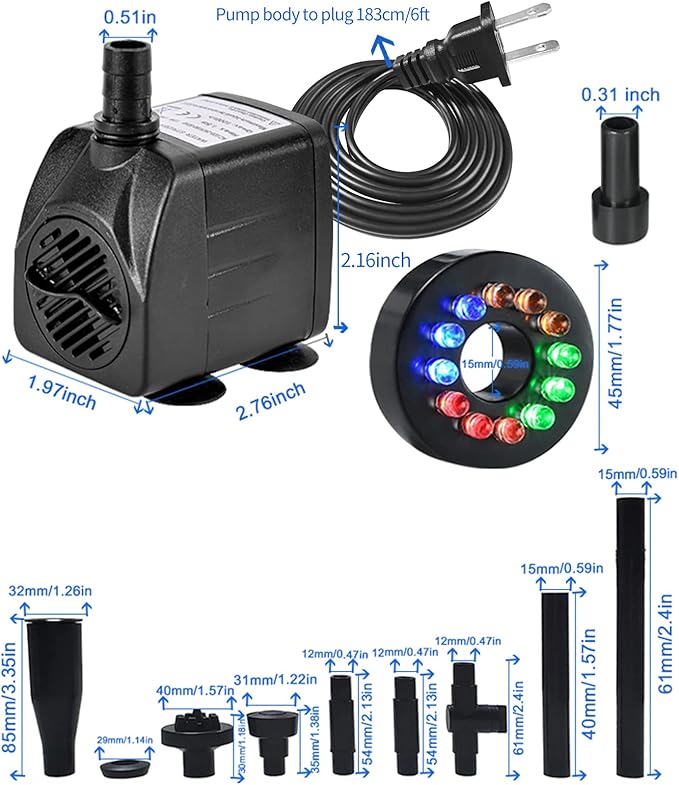 15W 1000L/H Submersible Fountain Water Pump with 12 Colorful LED Lights, Mushroom and Blossom Spray Head for Fountain,Pond,Outdoor Water Feature, Statuary Gardens,Aquarium Fish Tank-PawvioPets