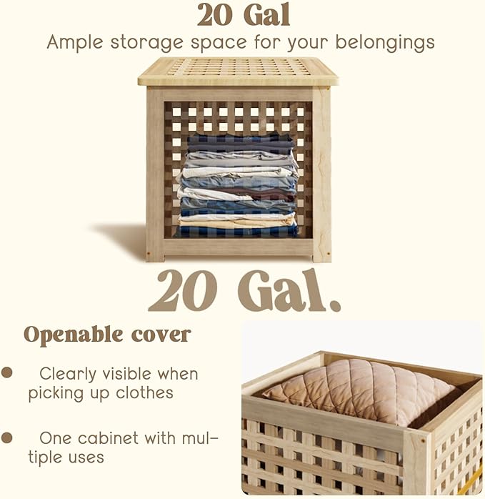 Bench with Storage, Acacia Laundry Hamper with Seat, Storage Benches with Seating for Entryway, Living Room, Bedroom, Bathroom (15.7x19.7x17.7in)-PawvioPets