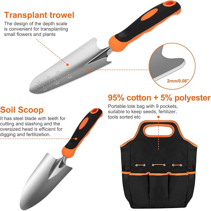 Gardening Tool Set, CHRYZTAL Stainless Steel Heavy Duty Gardening Tool Set, with Non-Slip Rubber Grip, Storage Tote Bag, Outdoor Hand Tools, Ideal Gardening Gifts for Women-PawvioPets