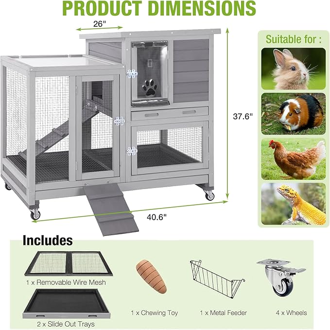 2-Story Rabbit Hutch Indoor Bunny Cage Outdoor Guinea Pig House with Wire Mesh Floor, Leak-Proof Trays, Lockable Wheels for Rabbits, Guinea Pigs, 40.6" L x 26" W x 37.6" H-PawvioPets