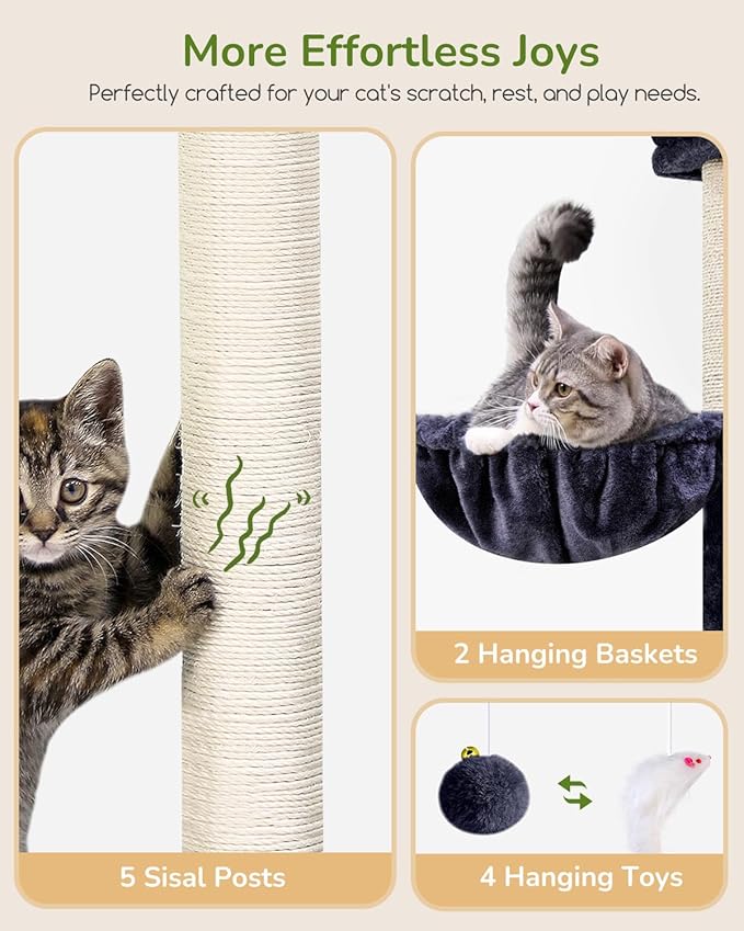 Globlazer Heavy Duty Cat Tree Tower, 73in Tall Cat Tree for Indoor Cats Large Adult, Cat Condo for Large Cats with 5 Scratching Posts, 2 Cat Caves, 2 Padded Perches, 2 Hanging Baskets, F73, Dark Gray-PawvioPets