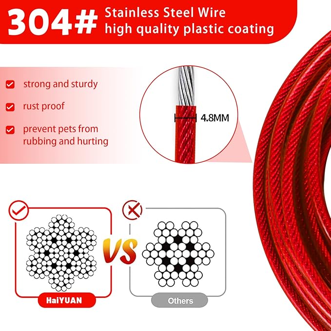 Dog Tie Out Cable 10/15/20/25/30 FT Runner for Yard Steel Wire Cable with Durable Superior Clips Red Chains for Outside Dog Lead for Large Up to 165 Lbs-PawvioPets