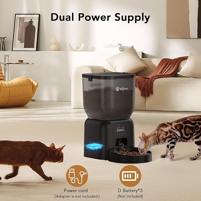 Automatic Dog & Cat Feeder with Freshness Preservation, 4L Timed Cat Feeder with LCD Screen.Up to 6 Meals Per Day and 1-15 Portion for Cats & Dog (Black)-PawvioPets