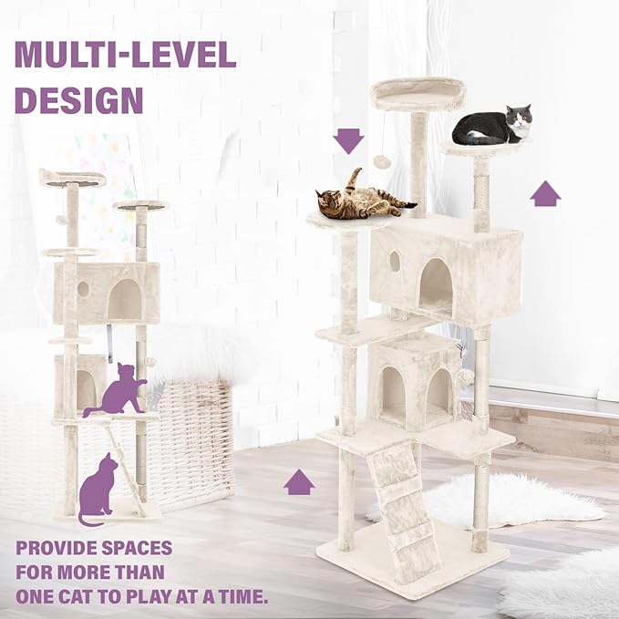 70 Inches Cat Tower for Indoor Cats Multi-Level Cat Condos XL Cat Tree Climbing Tower with Scratching Posts, Hanging Toys, Beige-PawvioPets