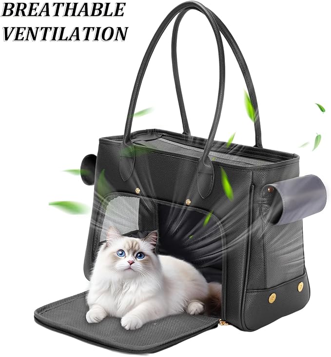 Fashion Pet Carrier Purse for Small Cat and Dog, Luxury Pu Soft-Sided Tote Bag with Large Pockets for Dogs and Puppies (Black, 15.8" L x 7.5" W x 11.8" H)-PawvioPets