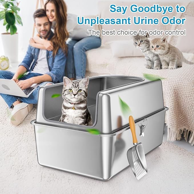 14'' High Sides XXL All Stainless Steel Cat Litter Box with Lid,XL Deep Metal Litter Box for Big Cats,Extra Large Litter Boxes with High Wall Enclosure,Anti-Leakage,Never Absorbs Odors,Non-Sticky-PawvioPets