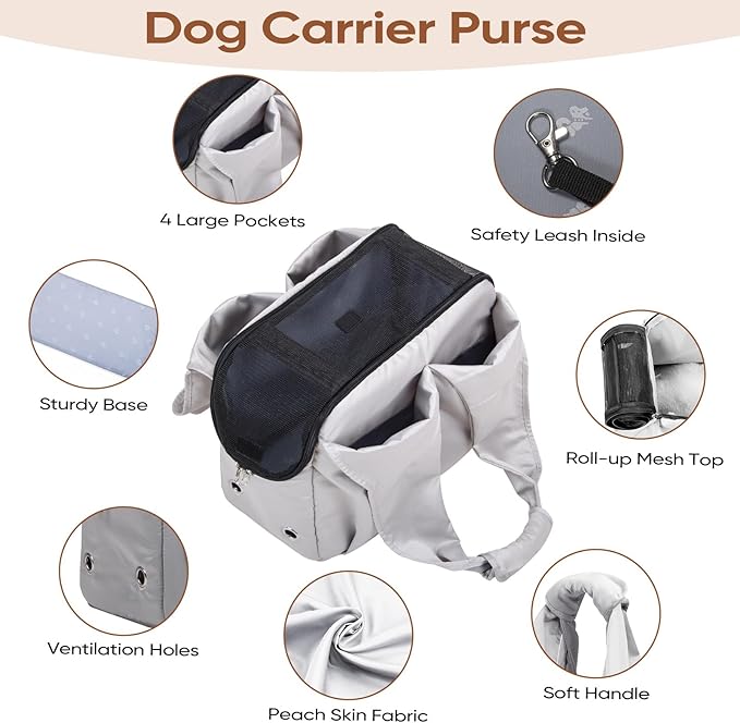 Dog Purse Carrier for Small Dogs, Cats, and Puppies – Soft-Sided Travel Pet Tote Bag with 4 Large Pockets, Foldable, Lightweight, Fits Pets up to 15 lbs, for Travel, Outings (Grey)-PawvioPets