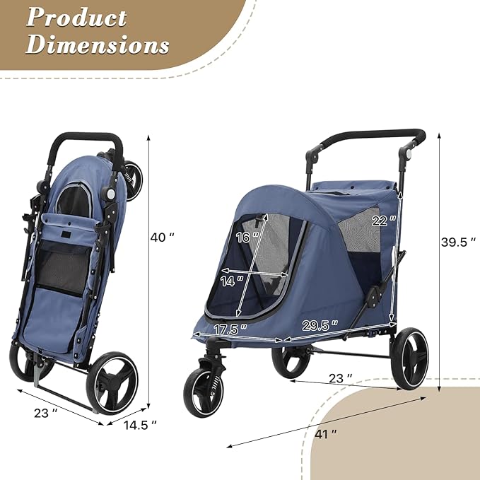 Athena Collection 3 Wheels Pet Stroller Fabric Dog Cart Dog Stroller for Large Dogs 55 Lbs Pet Stroller with Mesh Windows, Zipper Back Pocket, Safety Tether, Angle Adjustable Handlebar, Navy Blue-PawvioPets