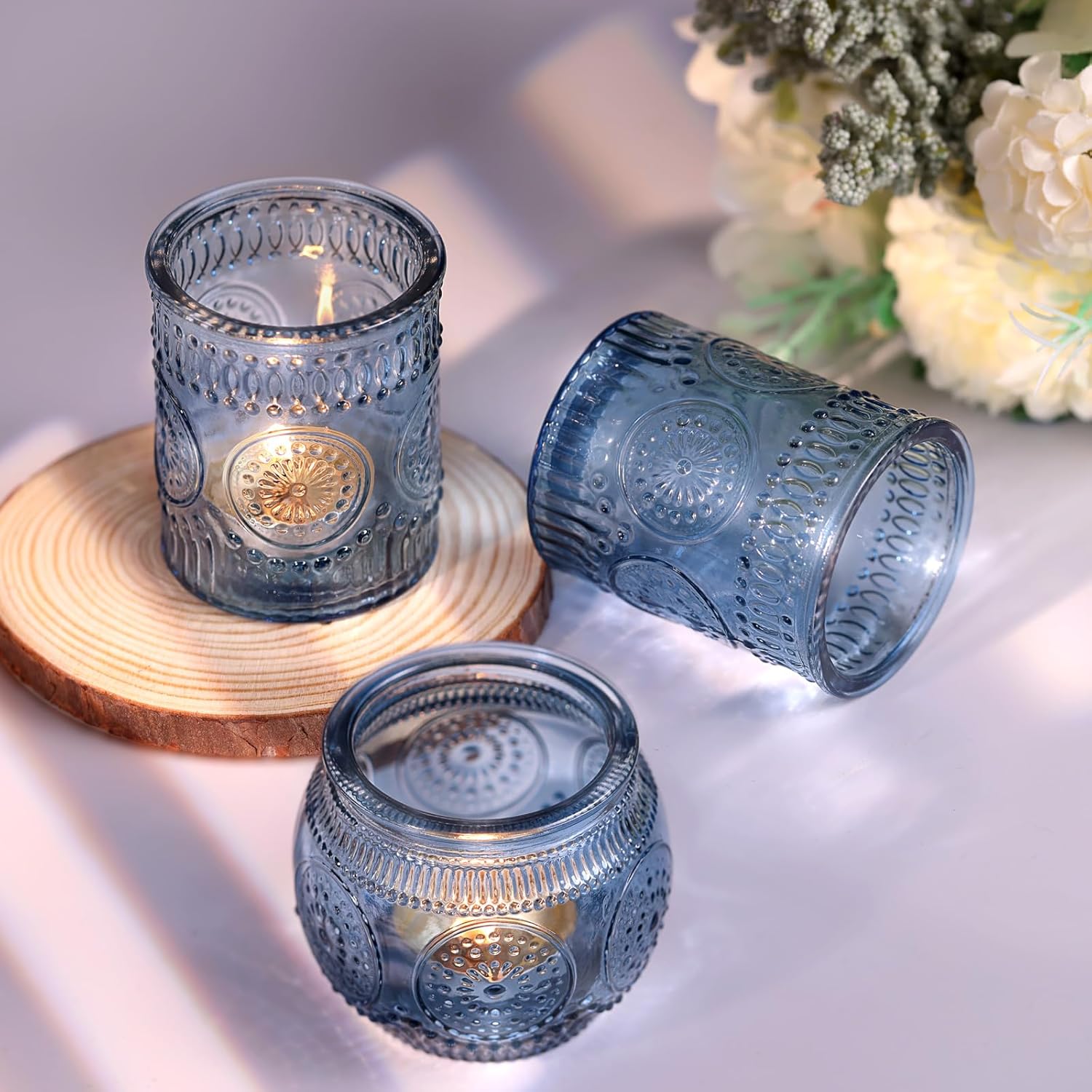 DARJEN 24 Pcs Blue Vintage Candle Holders - Bulk Glass Holders for Party & Wedding Decoration