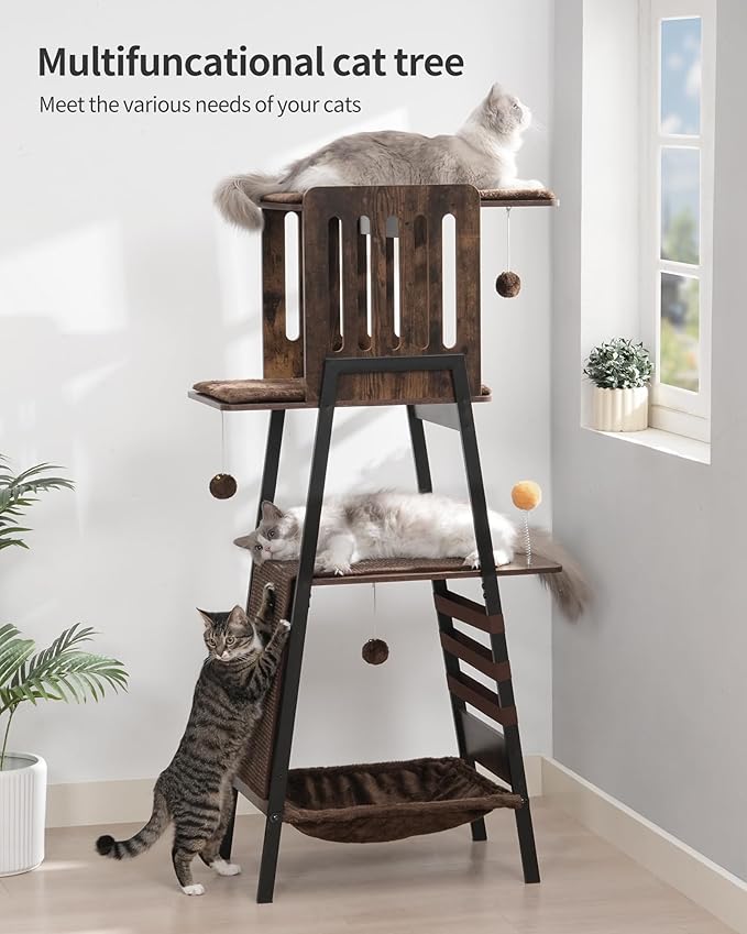 FourFurPets Modern Cat Tree, 58-Inch Cat Tower for Large Cats, Maine Coon Cat Tree with Scratching Board, Large Perch, Hammock and Removable Pads, Rustic Brown-PawvioPets