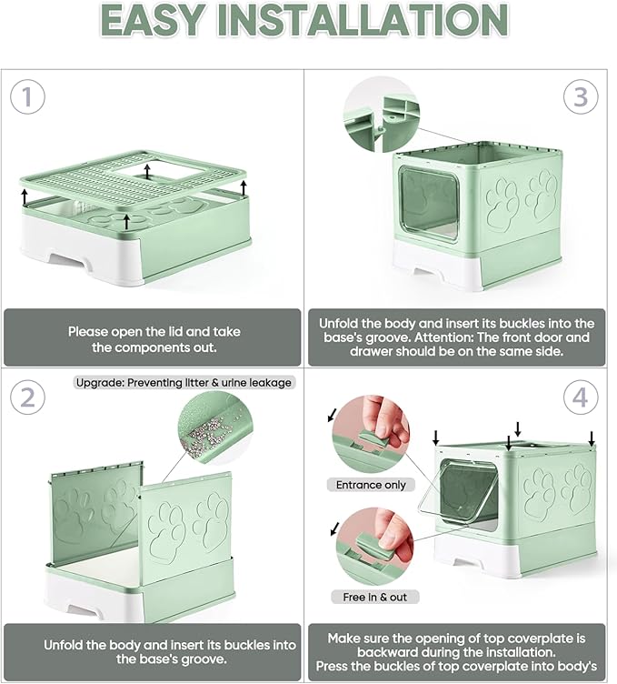 Cat Litter Box with X-Large Litter Mat and Scoop, Large Foldable Litter Box with Lid, Enclosed Kitty Box,Front Top Entry Exit, Odor Control Easy to Clean (Upgrade Green)-PawvioPets