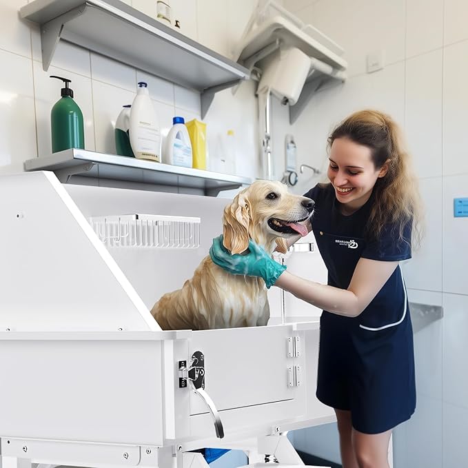 Dog Washing Station for Home, 38" White Professional Stainless Steel Dog Grooming Tub, Height Adjustable Dog Bathing Station, Upgrade Parts, Dog Bath Tubs for Small & Medium Dogs(Left Stair)-PawvioPets