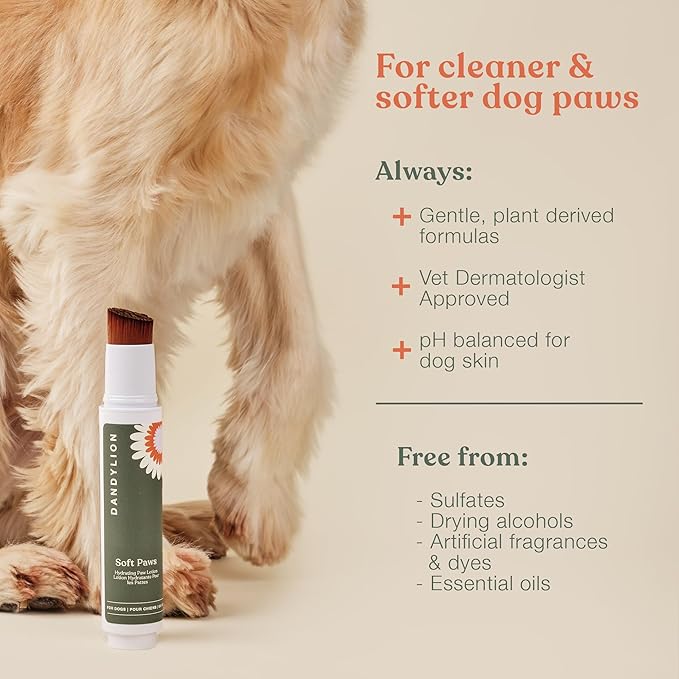 Dandylion Soft Paws | Paw Lotion with Brush | Dog Paw Balm Hydrating Alternative | Vet-Approved, Lick-Safe & Fragrance-Free | pH-Balanced for Itchy, Dry, Cracked Paws, Small & Large Dogs 0.6 fl oz-PawvioPets