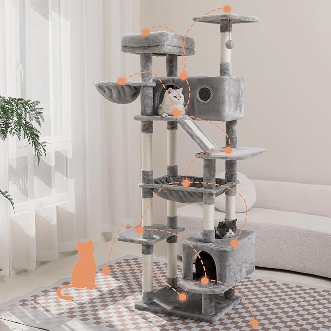 73 inches Large Cat Tree for Indoor Cats, Tall Cat Tower with Sisal Scratching Posts and Pads, Padded Plush Perch, Cozy Basket, Plush Condo for Large Cats (Grey)-PawvioPets