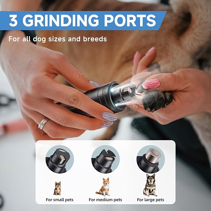 Dog Nail Grinder Quiet 2-Speed Pet Nail Grinder with 3 Led Lights and 3 Ports Rechargeable Electric Dog Nail Trimmer for Large and Small Dogs/Cats and Small Animals Safe (Black)-PawvioPets