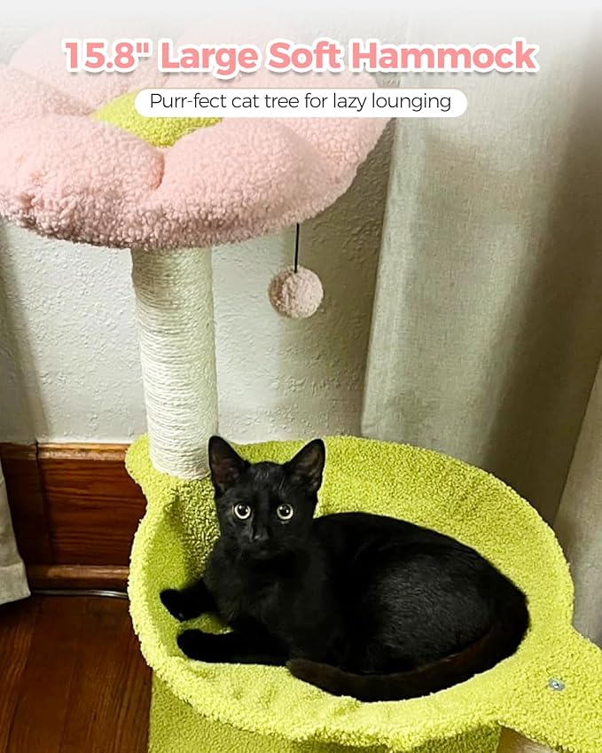 Flower Cat Tree, 28" Cat Tower with Cozy Flower Perch, Large Hammock for Indoor Small Cats, Cute Cat Tree with Sisal Scratching Post and Fur Toy Ball for Kittens, Pink-PawvioPets