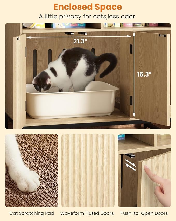 Cat Litter Box Enclosure, Large Hidden Pet Storage Cabinet Furniture with Waveform Fluted Doors & Scratching Pad, Modern Wooden Cat House Indoor for Washroom, Living Room, Bedroom, Natural-PawvioPets