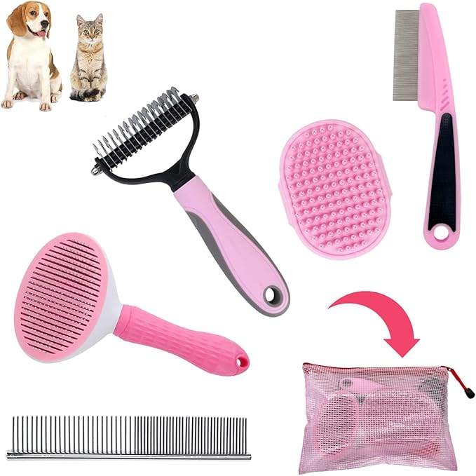 Dog Grooming Kit - Deshedding Brush for Short Hair, Slicker Brush, Flea Comb, Puppy Brush Set in Pink-PawvioPets