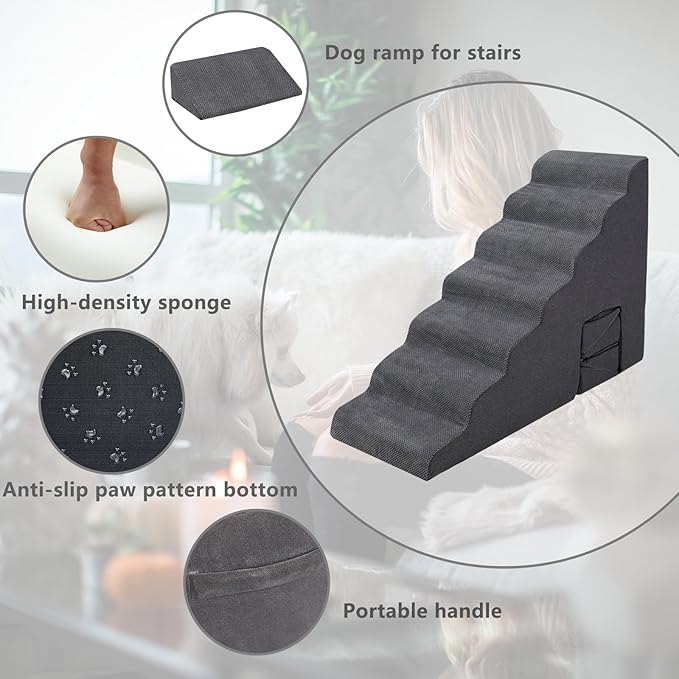 Dog Stairs for High Beds 30-36 inches Tall, 7-Step Pet Stairs/Steps for Small Large Dogs, 30D Foam Pet Steps/Ramp/Ladder for High Bedsides, with 4pcs Dog Ramp for Stairs, Dark Grey-PawvioPets