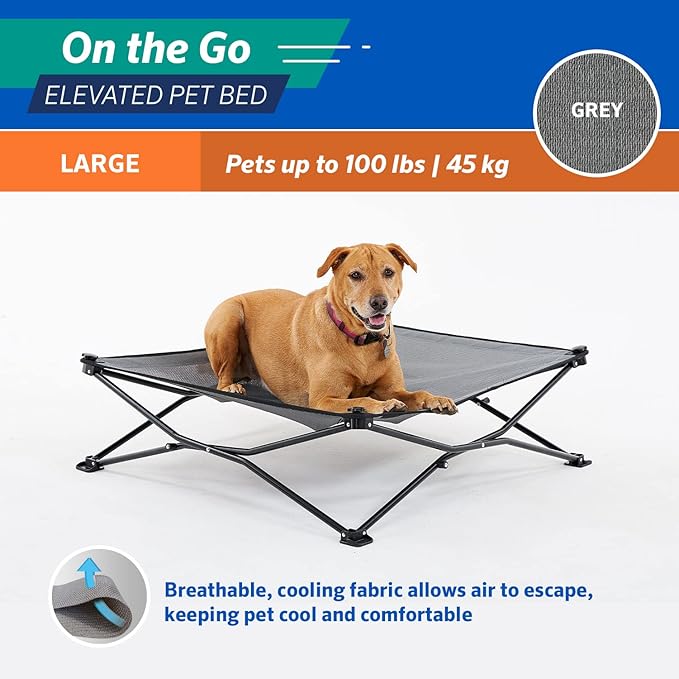 Coolaroo On-The-Go Elevated Dog Bed - Foldable Pop-Up Travel Dog Bed with Breathable, Moisture-Resistant Fabric, Carry Bag Included, Lightweight & Portable, Steel Gray, Large-PawvioPets