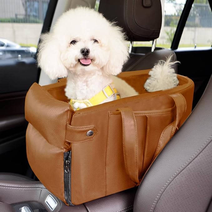 2 and 1 Center Console Dog Car Seat & Carrier for Small Dogs, Large Leather Dog Car Bed with Storage Pocket, Waterproof PVC Leather Seat Travel Bed for Front & Back Seat, Clip-On Safety Leash-PawvioPets