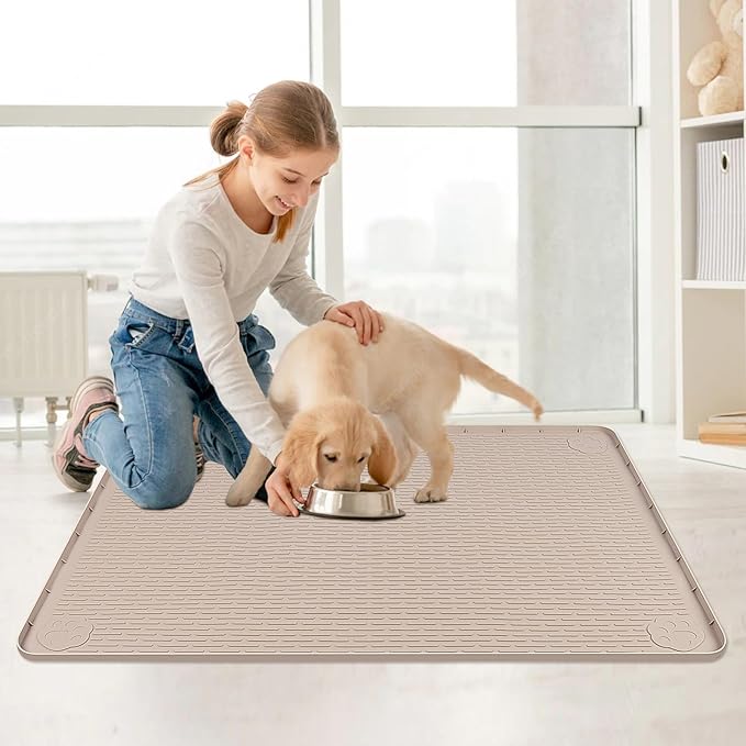 Cat Food Mat, 40" x 28" Extra Large Silicone Pet Feeding Mat with Raised Edge Pet Placemat for Food and Water Bowl Non-Slip, Easy to Clean, Floor Protection (Khaki)-PawvioPets