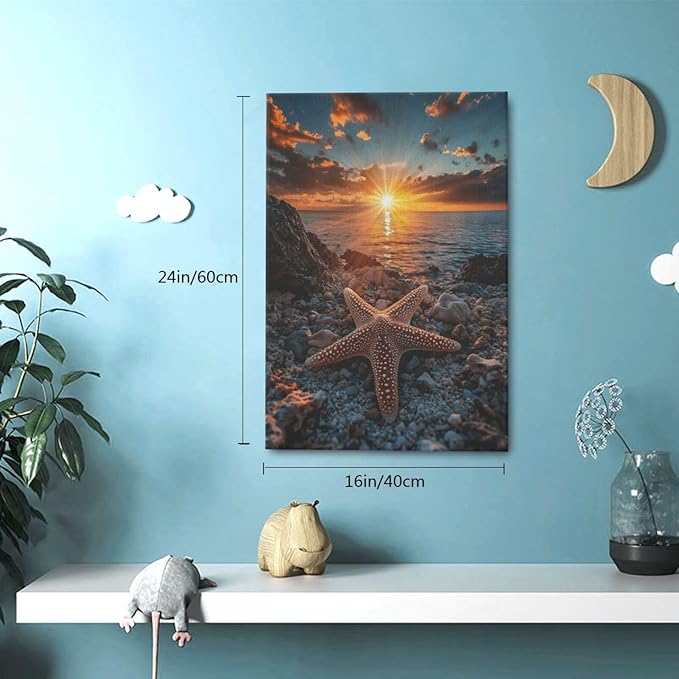 Beach Starfish Wall Decor Ocean Starfish Wall Art Sunset Scenery Coastal Theme Pictures Canvas Nature Seascape Painting Print Framed Artwork Decorations for Home Bathroom Living Room Bedroom Office 16"x24"-PawvioPets