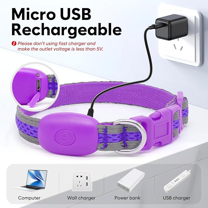 Flashseen LED Cat Collar,Light Up Dog Collar Rechargeable, Dog Lights for Night Walking, Comfortable Soft Mesh Pet Collar Adjustable for Cats Puppy and Small Dogs (Purple, XS)-PawvioPets