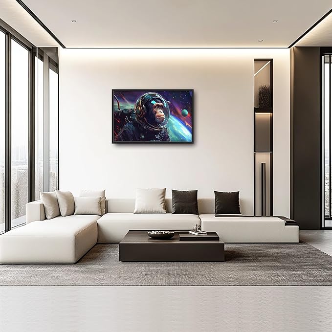 Framed Large Monkey Astronaut Wall Art, Oversized Chimpanzee Spacemen Wall Decor for Living Room, Outer Space Canvas Painting Pictures Modern Artwork for Living Room Bedroom Office 36"x24"-PawvioPets
