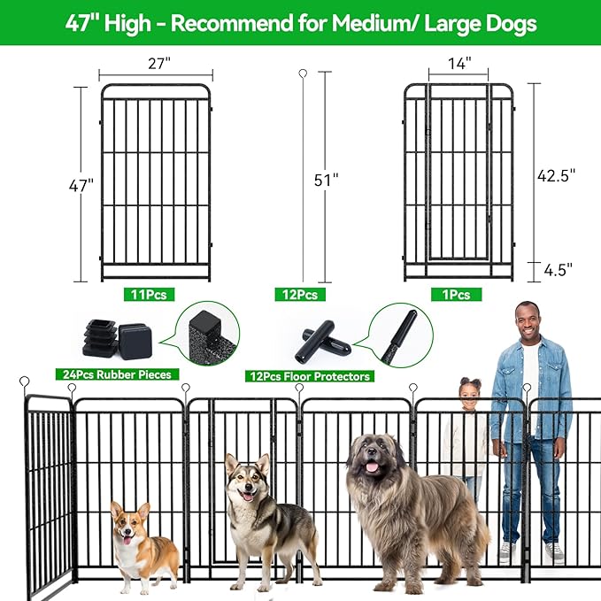 Dog Playpen Outdoor 12 Panels Heavy Duty Dog Fence 47" Height with Thick Pipe Anti-Rust with Doors Portable for RV Camping Yard, Total 27FT, 57 Sq.ft, Snowy Black-PawvioPets