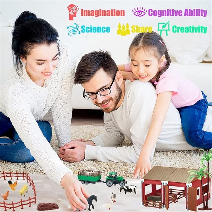 BOLZRA Mini Barn Playset, 66PCS Plastic Animals Figurines and Fence, Farm Figures Farmer Vehicle Toy Truck with Trailer for 3-12 Years Old Kids Boys Girls Toddlers-PawvioPets