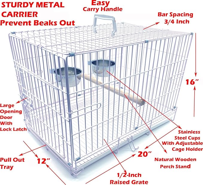 Durable Easy Portable Metal Travel or Veterinary Collapsable Parrot Bird Carrier Beaks Proof Cage with Stainless Steel Feeder Bowls Natural Wooden Perch Stand-PawvioPets