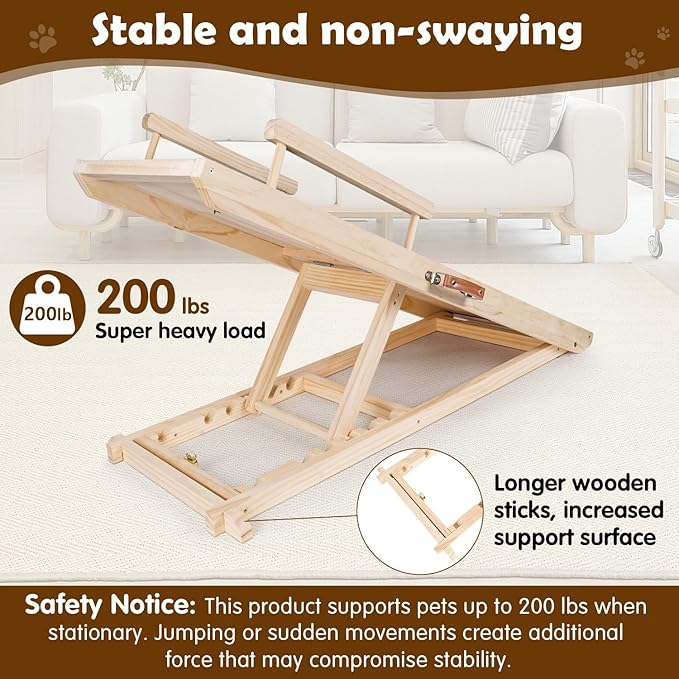 Dog Ramp for Couch, Bed or Car, Wooden 44" Long Pet Stairs for Small & Large Old Dogs & Cats, Hold up to 200lb, 5 Adjustable Height from 14.96" to 22", Portable Doggie Steps, Excellent Traction-PawvioPets
