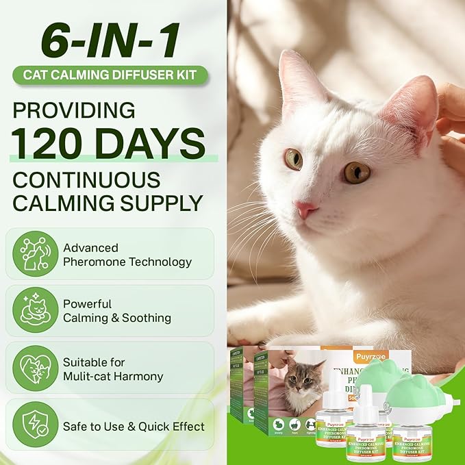 Cat Calming Diffuser with Three Timing Functions, 6-in-1 Cat Pheromones Calming Diffuser Kit, 120-Day Anxiety Relief, Stress Reduction & Relaxation for All Cats (2 Diffusers + 4 Refills)-PawvioPets